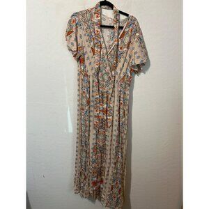 Women Orange Blue Maxi Dress With Belt Tie Sz XL Flutter Sleeves Pullover